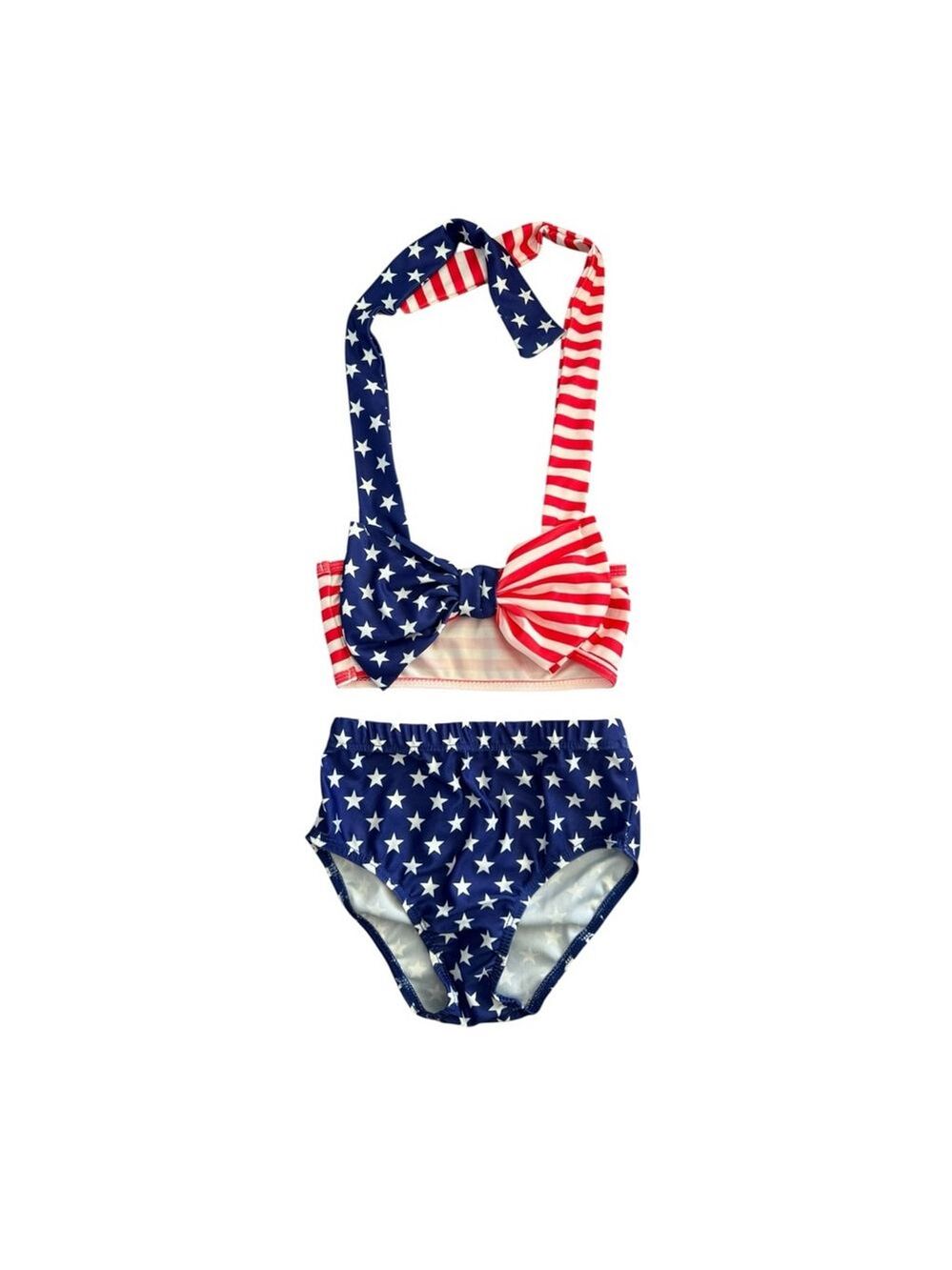 American Flag Bow Bikini Set Toddler Size 4 (100) Red White Blue Patriotic Swims